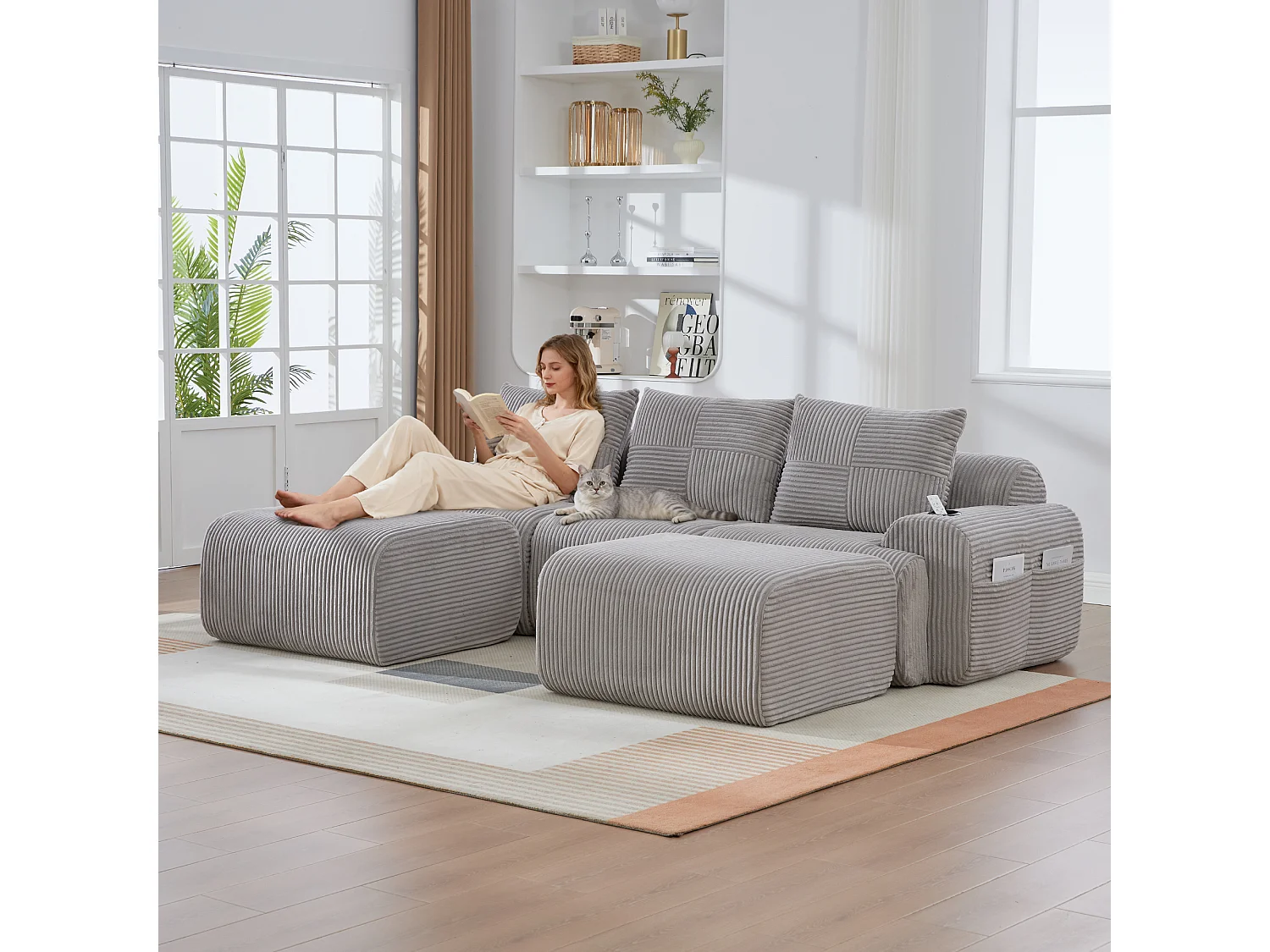 Canapé modulable 3 places - 268 x 174 x 80 cm - avec 2 poufs + porte-gobelets + poche de rangement - velours - gris clair