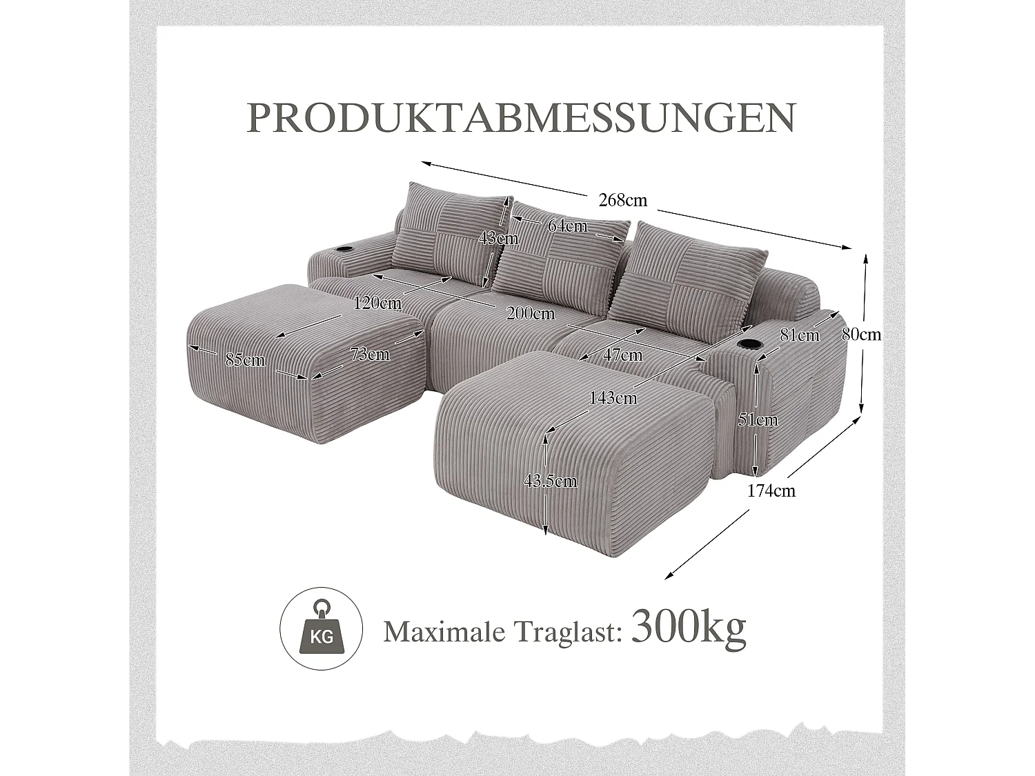 Canapé modulable 3 places - 268 x 174 x 80 cm - avec 2 poufs + porte-gobelets + poche de rangement - velours - gris clair