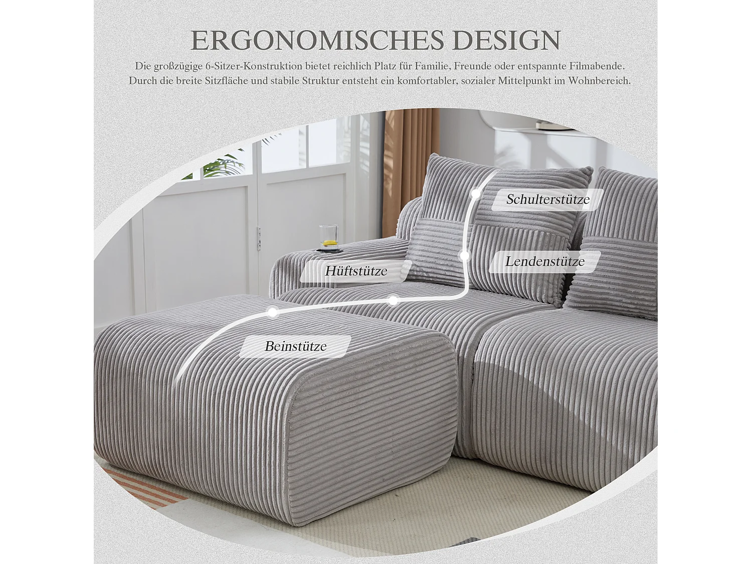 Canapé modulable 3 places - 268 x 174 x 80 cm - avec 2 poufs + porte-gobelets + poche de rangement - velours - gris clair
