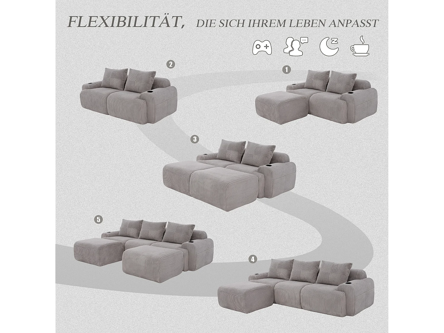 Canapé modulable 3 places - 268 x 174 x 80 cm - avec 2 poufs + porte-gobelets + poche de rangement - velours - gris clair
