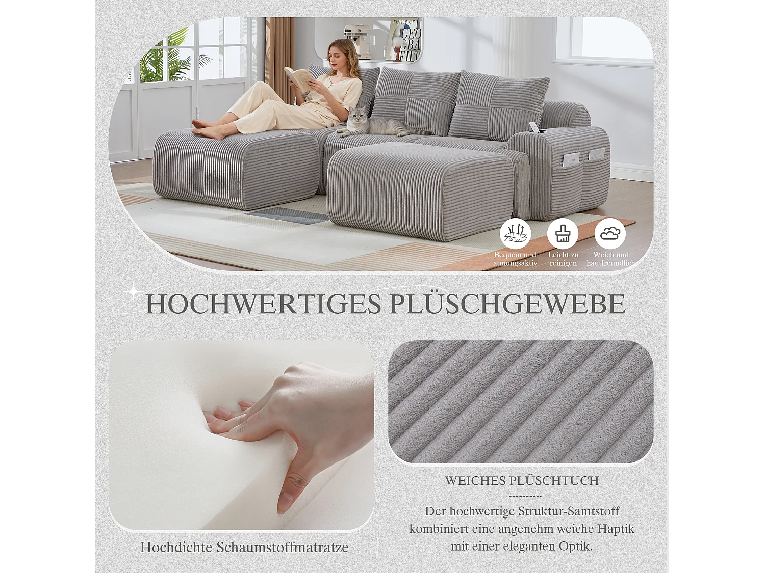 Canapé modulable 3 places - 268 x 174 x 80 cm - avec 2 poufs + porte-gobelets + poche de rangement - velours - gris clair