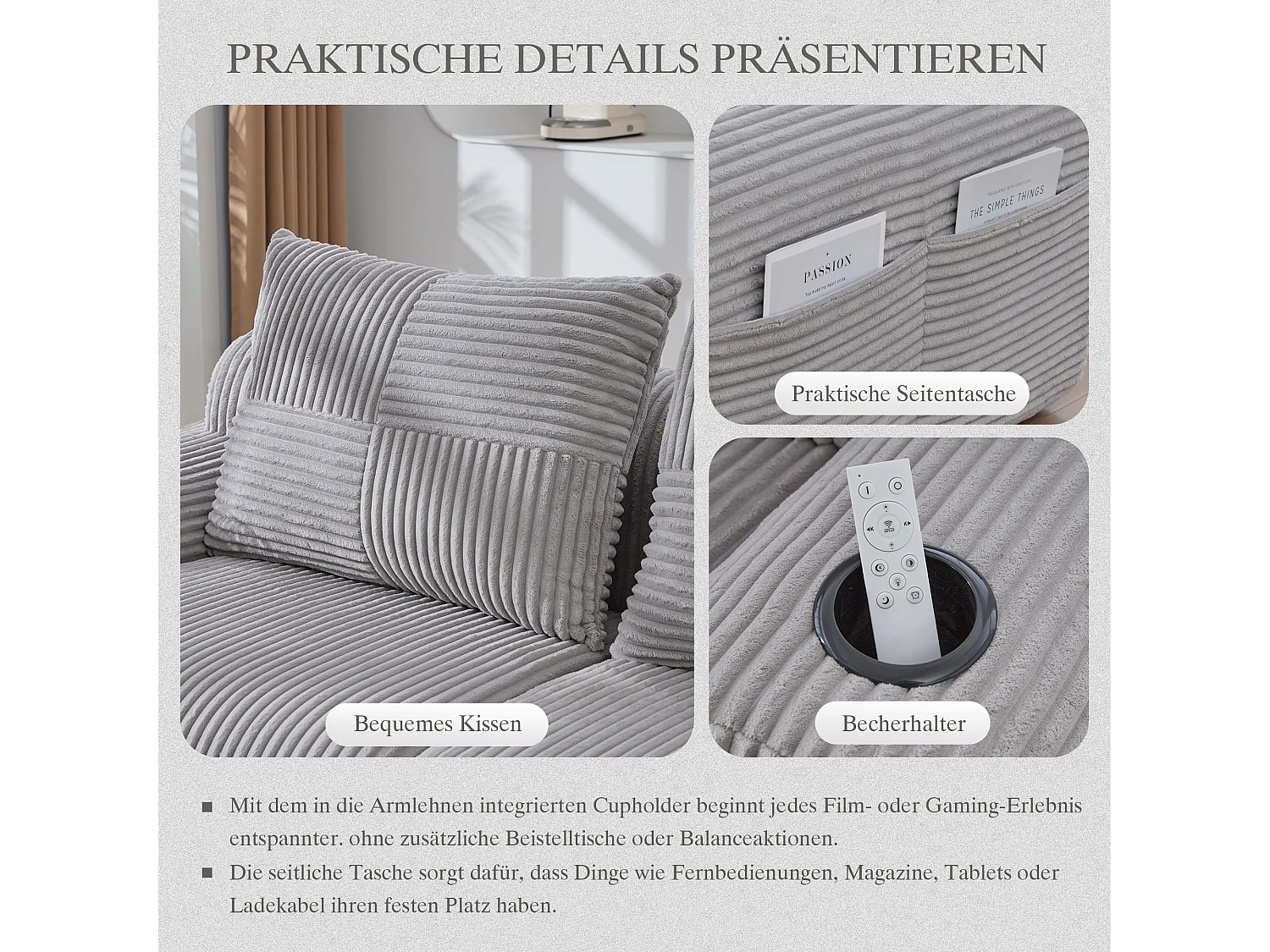 Canapé modulable 3 places - 268 x 174 x 80 cm - avec 2 poufs + porte-gobelets + poche de rangement - velours - gris clair