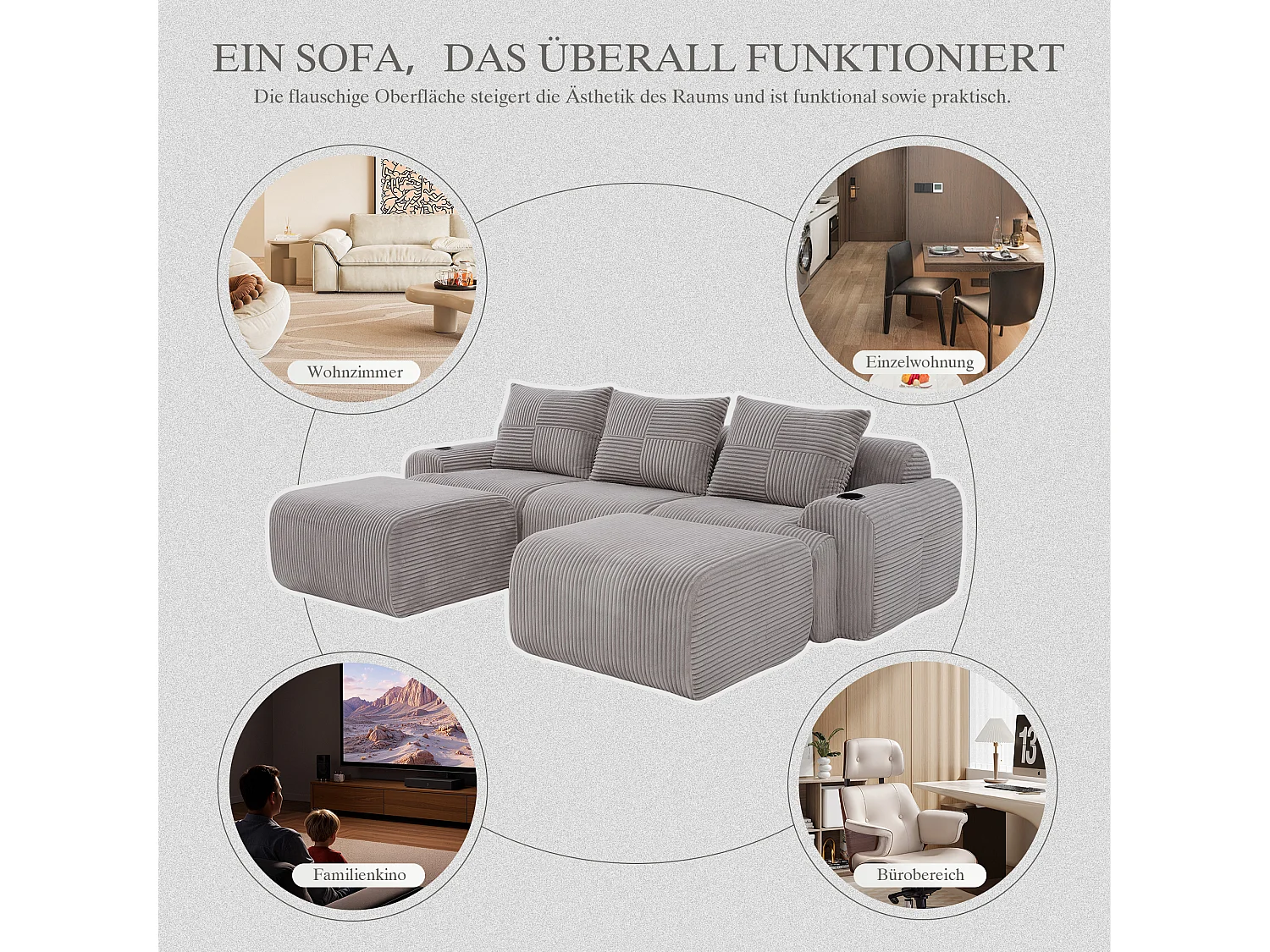 Canapé modulable 3 places - 268 x 174 x 80 cm - avec 2 poufs + porte-gobelets + poche de rangement - velours - gris clair