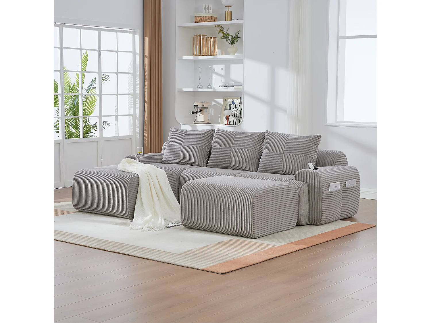 Canapé modulable 3 places - 268 x 174 x 80 cm - avec 2 poufs + porte-gobelets + poche de rangement - velours - gris clair