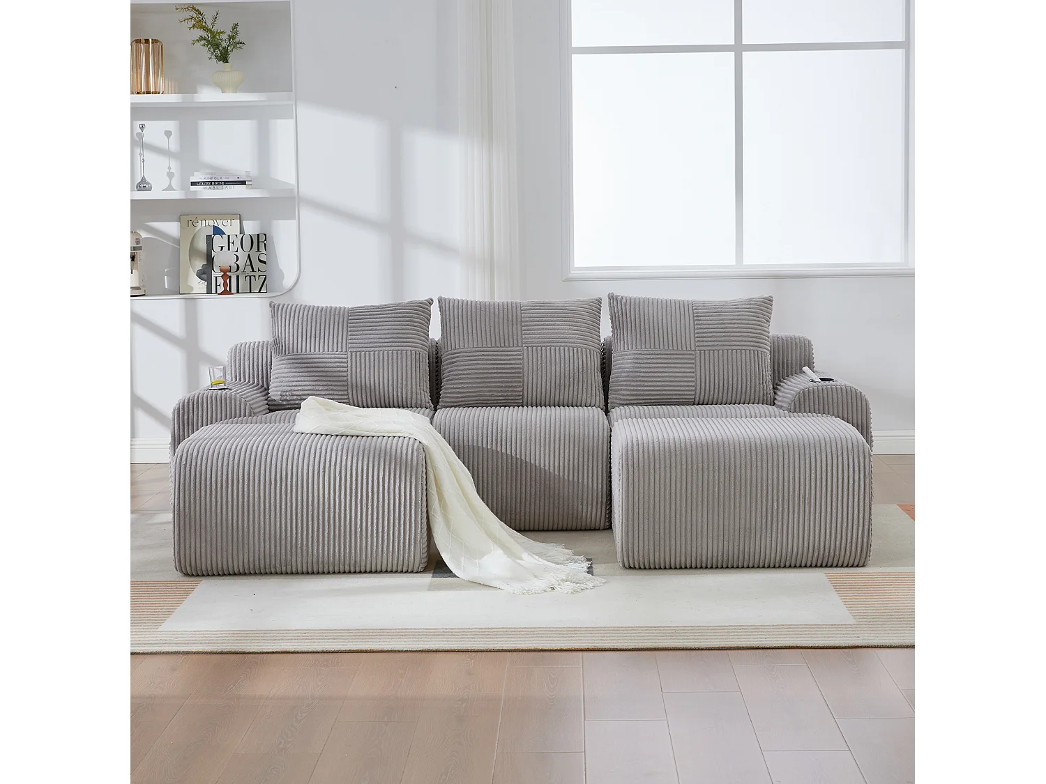 Canapé modulable 3 places - 268 x 174 x 80 cm - avec 2 poufs + porte-gobelets + poche de rangement - velours - gris clair