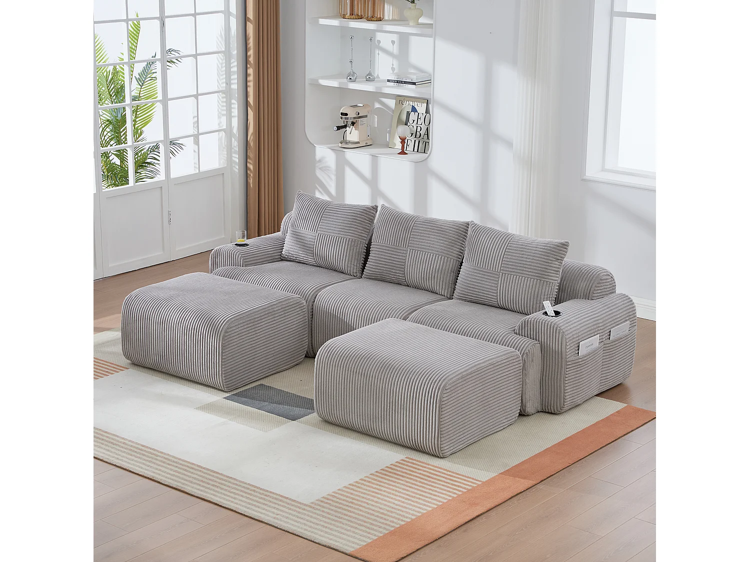 Canapé modulable 3 places - 268 x 174 x 80 cm - avec 2 poufs + porte-gobelets + poche de rangement - velours - gris clair