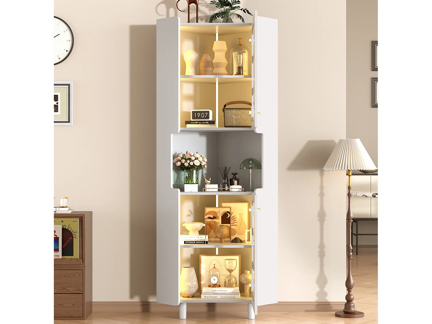 Badezimmer-Ecksäule - mit LED-Beleuchtung - mit 2 Türen - mit 4 Regalböden - mit offenen Regalen - weiß