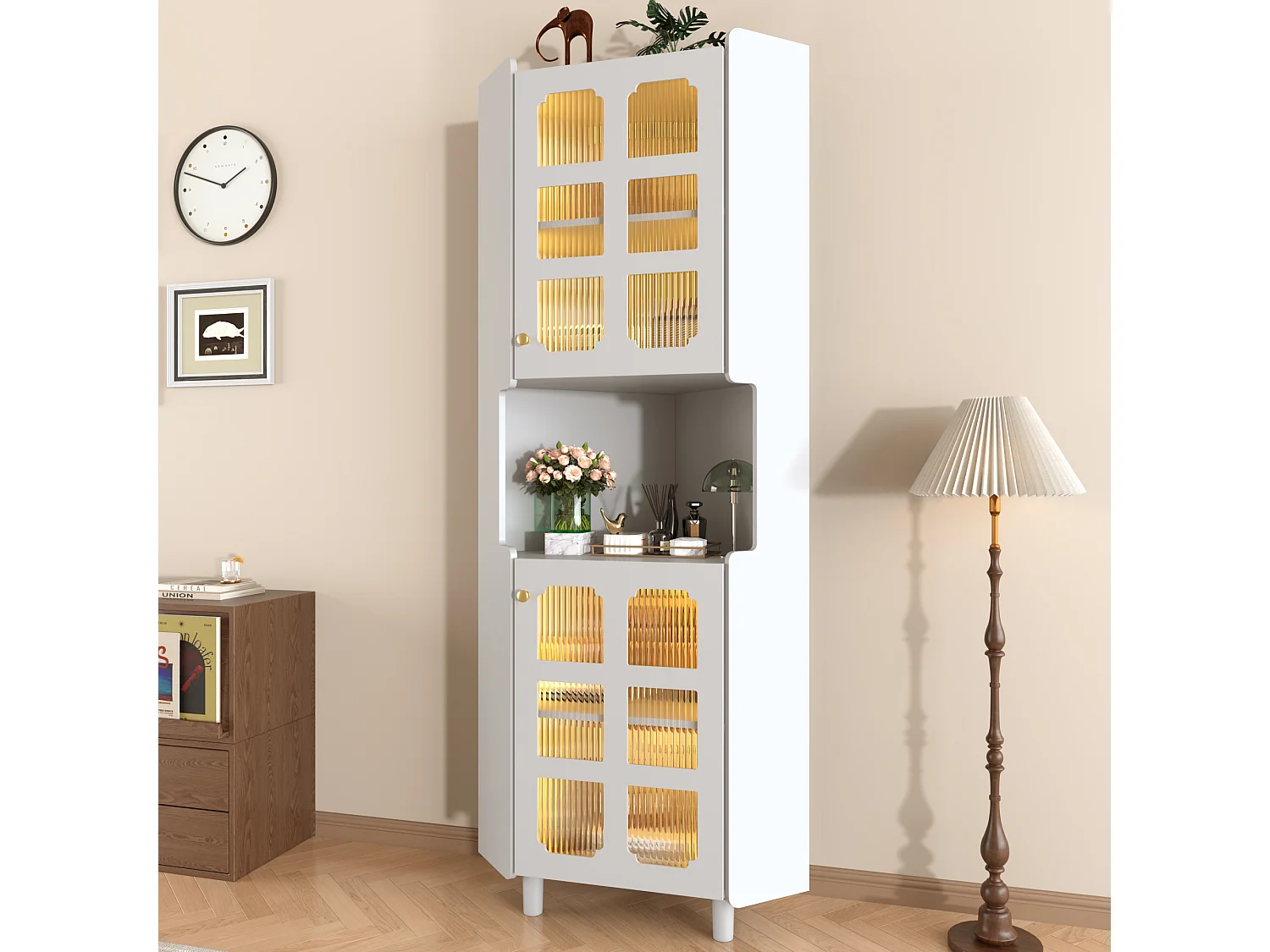 Badezimmer-Ecksäule - mit LED-Beleuchtung - mit 2 Türen - mit 4 Regalböden - mit offenen Regalen - weiß