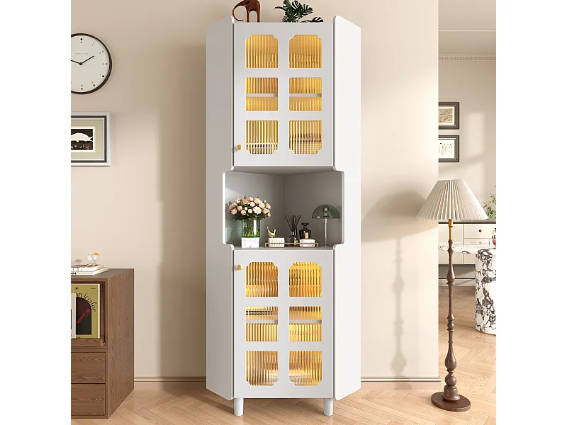 Badezimmer-Ecksäule - mit LED-Beleuchtung - mit 2 Türen - mit 4 Regalböden - mit offenen Regalen - weiß