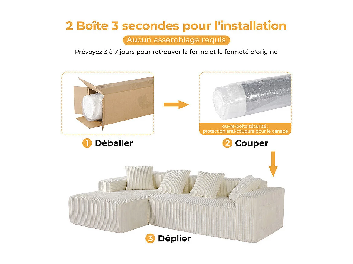 Canapé d'angle gauche modulable - en Velours côtelé Beige - 3 Places - avec 4 Coussins et méridienne - 261x156x80cm