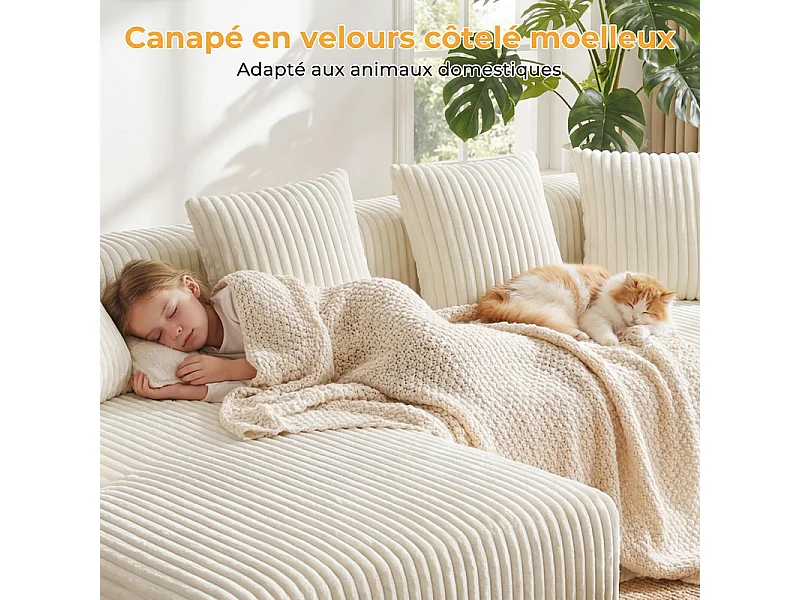 Canapé d'angle gauche modulable - en Velours côtelé Beige - 3 Places - avec 4 Coussins et méridienne - 261x156x80cm