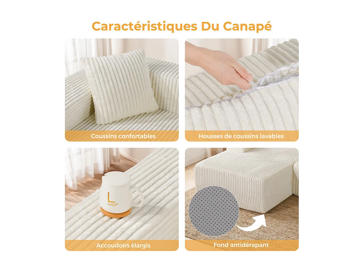 Canapé d'angle gauche modulable - en Velours côtelé Beige - 3 Places - avec 4 Coussins et méridienne - 261x156x80cm