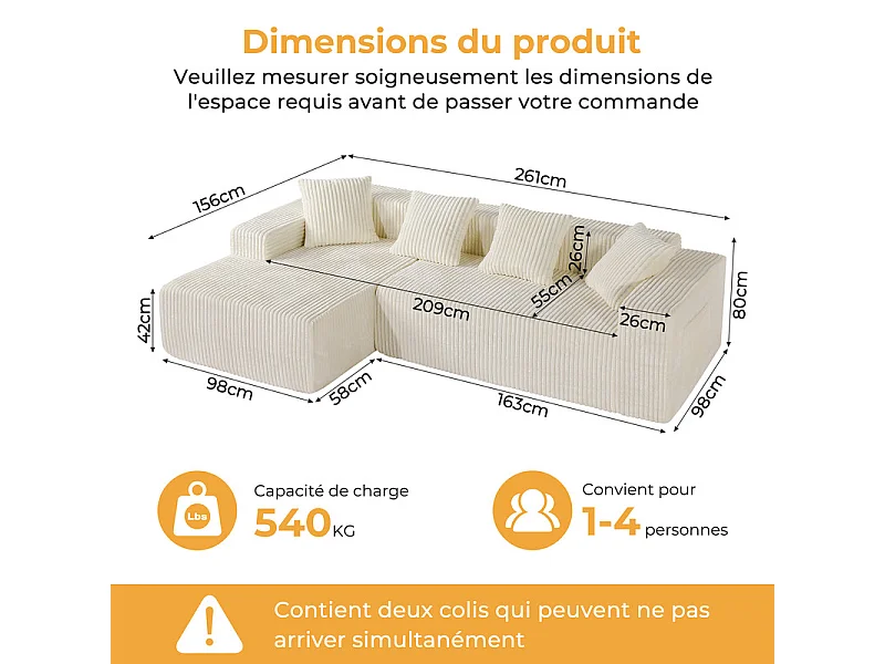 Modulares Ecksofa Links - in Rippvelours Beige - 3-sitzig - mit 4 Kissen und Liegefläche - 261x156x80cm