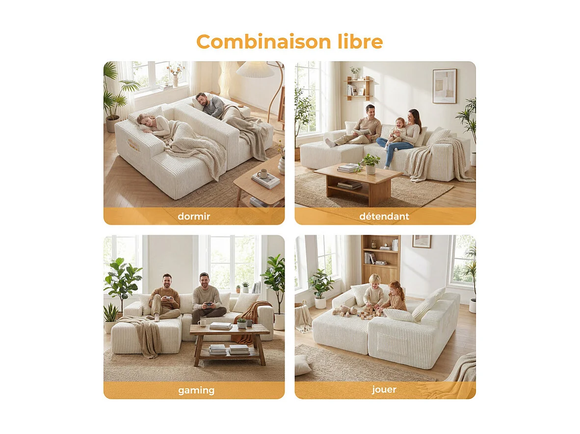 Modulares Ecksofa Links - in Rippvelours Beige - 3-sitzig - mit 4 Kissen und Liegefläche - 261x156x80cm