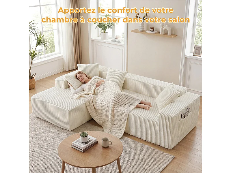 Modulares Ecksofa Links - in Rippvelours Beige - 3-sitzig - mit 4 Kissen und Liegefläche - 261x156x80cm