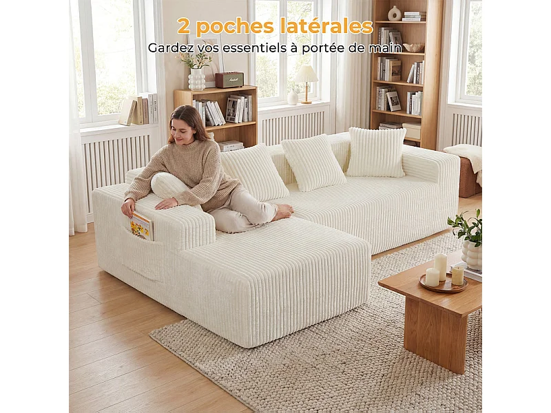 Modulares Ecksofa Links - in Rippvelours Beige - 3-sitzig - mit 4 Kissen und Liegefläche - 261x156x80cm