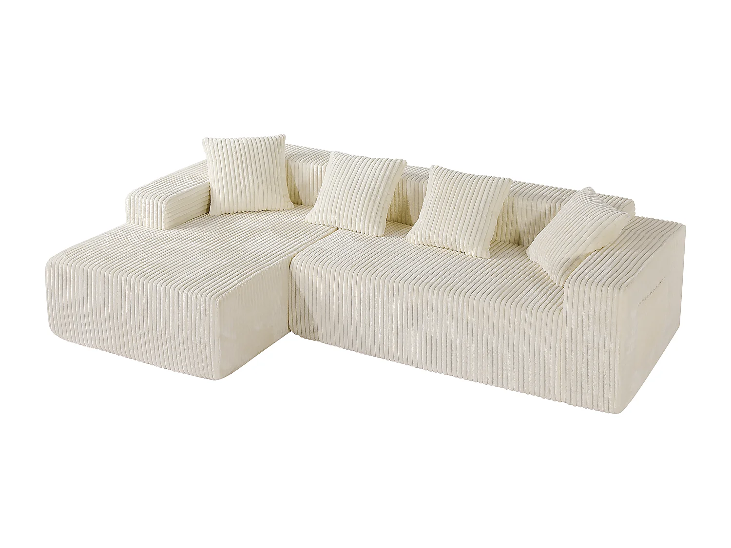 Modulares Ecksofa Links - in Rippvelours Beige - 3-sitzig - mit 4 Kissen und Liegefläche - 261x156x80cm