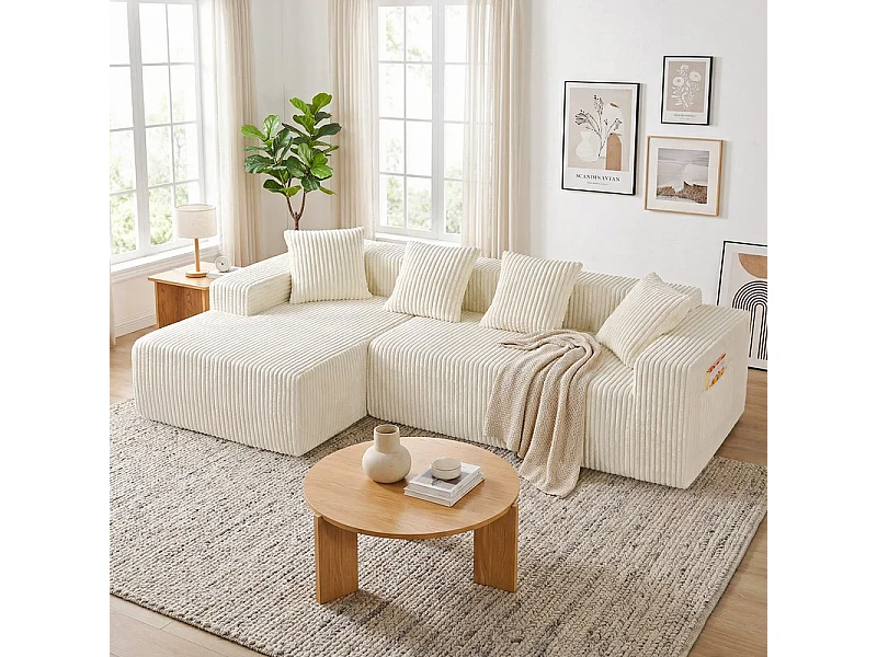 Canapé d'angle gauche modulable - en Velours côtelé Beige - 3 Places - avec 4 Coussins et méridienne - 261x156x80cm