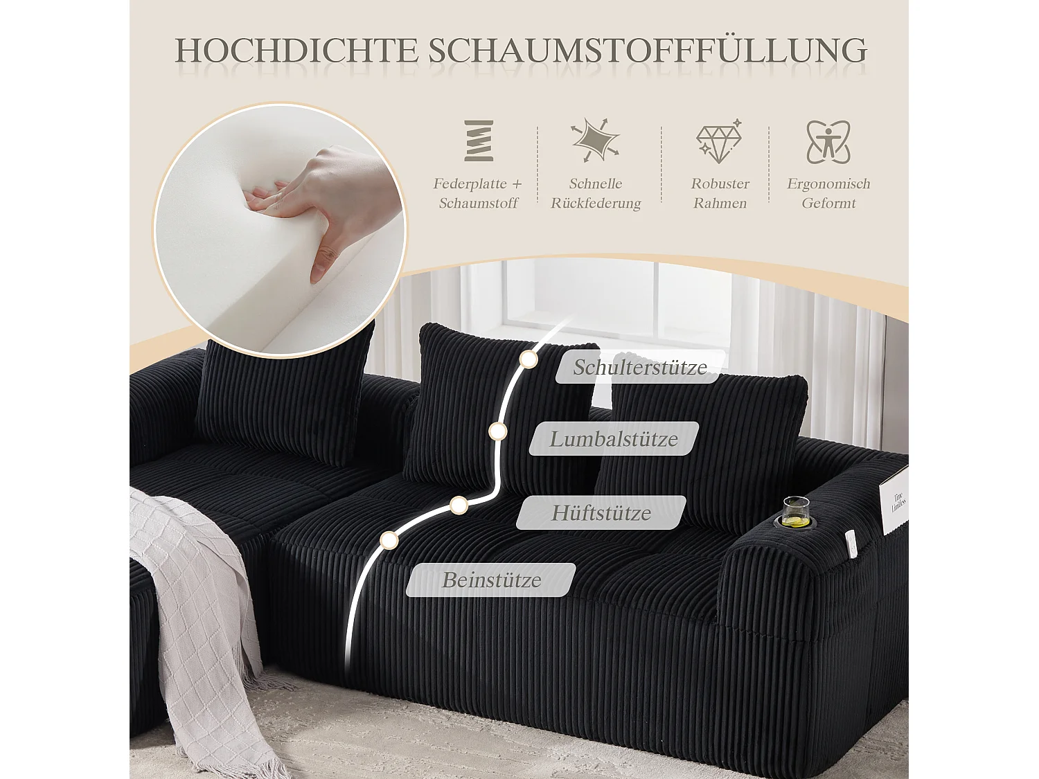 Canapé modulable 4 places - 253 x 158 x 61 - avec poche latérale + porte-gobelet + 3 coussins - velours - noir