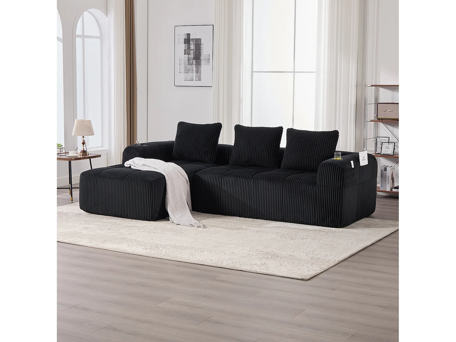 Canapé modulable 4 places - 253 x 158 x 61 - avec poche latérale + porte-gobelet + 3 coussins - velours - noir