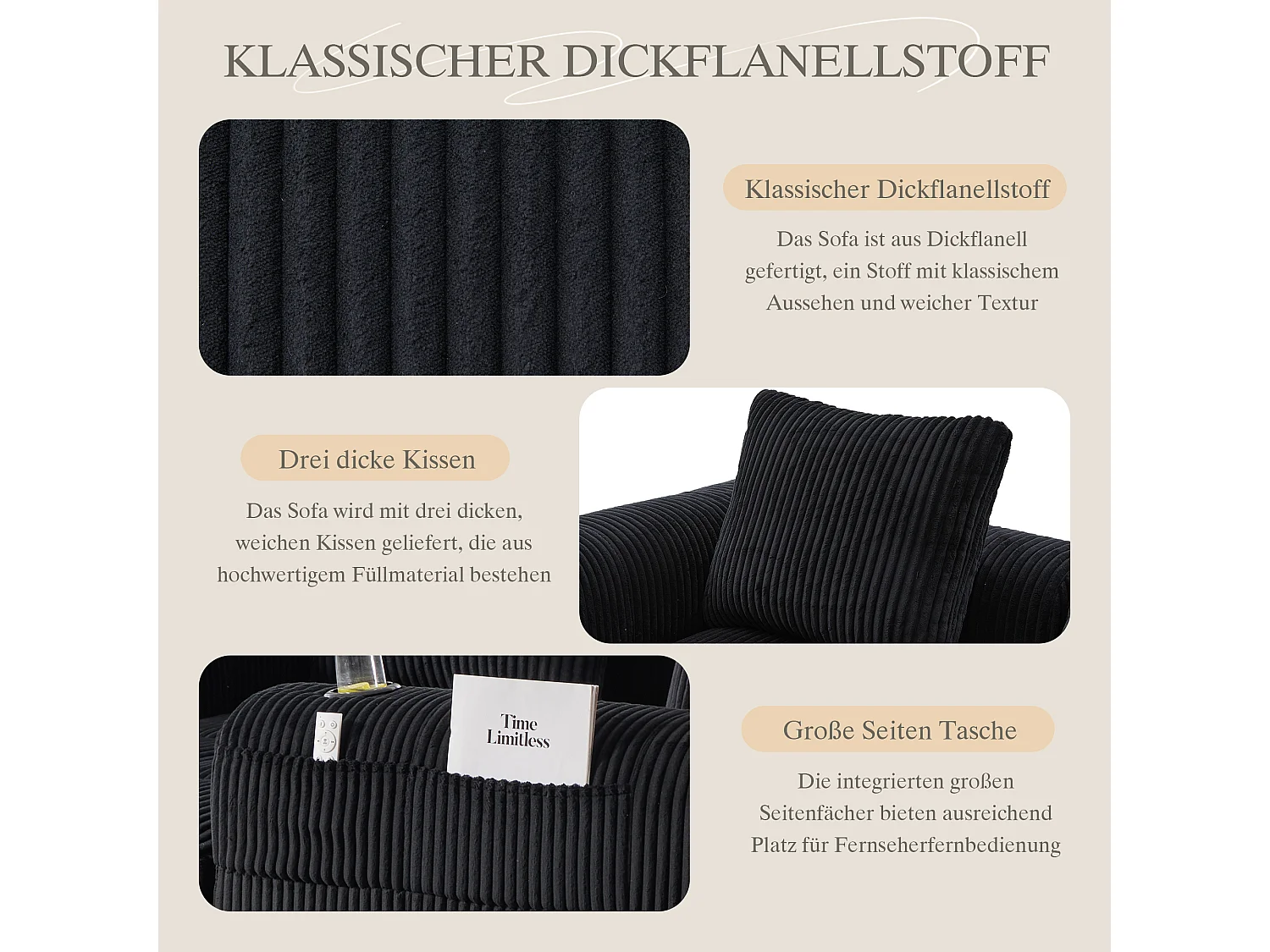 Canapé modulable 4 places - 253 x 158 x 61 - avec poche latérale + porte-gobelet + 3 coussins - velours - noir