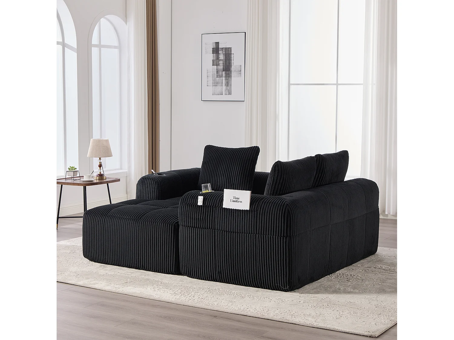 Canapé modulable 4 places - 253 x 158 x 61 - avec poche latérale + porte-gobelet + 3 coussins - velours - noir