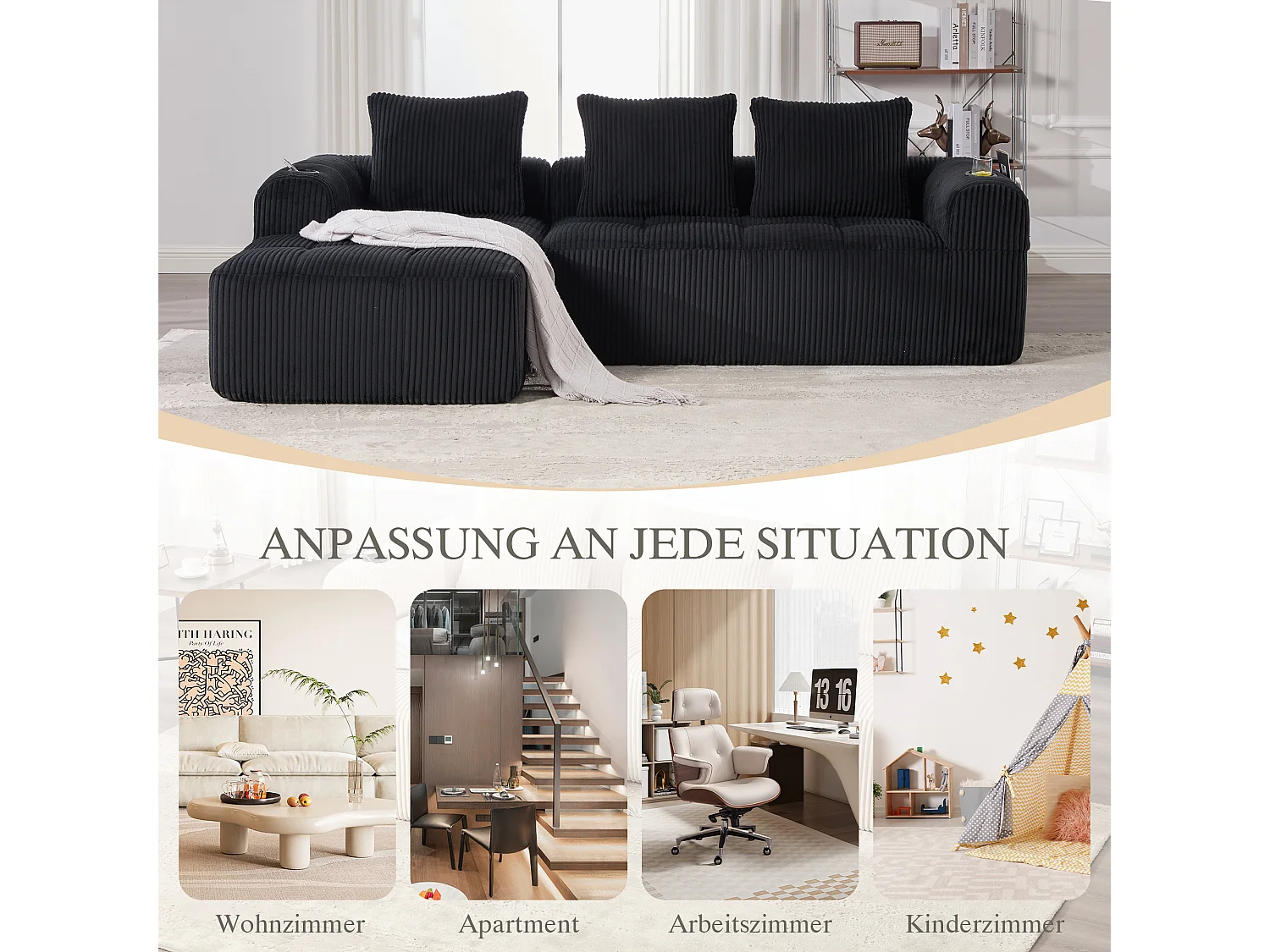 Canapé modulable 4 places - 253 x 158 x 61 - avec poche latérale + porte-gobelet + 3 coussins - velours - noir