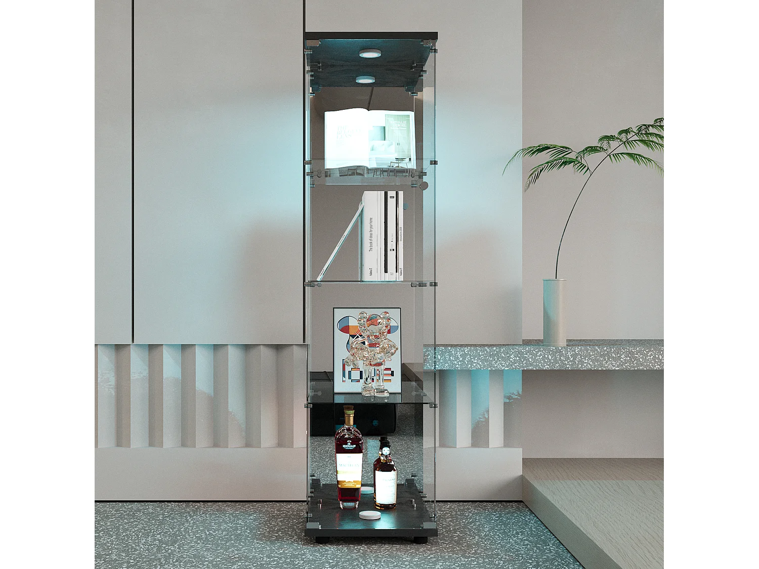 Vitrine en verre avec serrure et éclairage LED - 4 étagères - 1 porte - 36,5 x 42,5 x 164 cm - noir