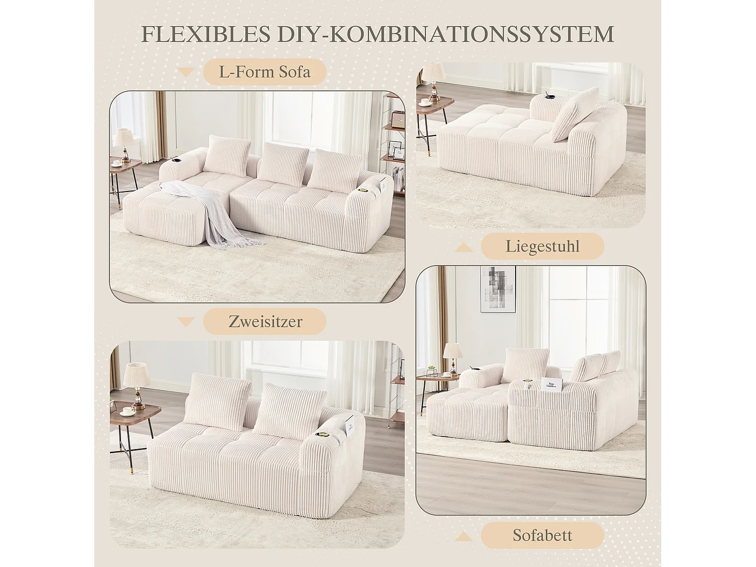 Canapé modulable 4 places - 253 x 158 x 61 - avec poche latérale + porte-gobelet + 3 coussins - velours - beige