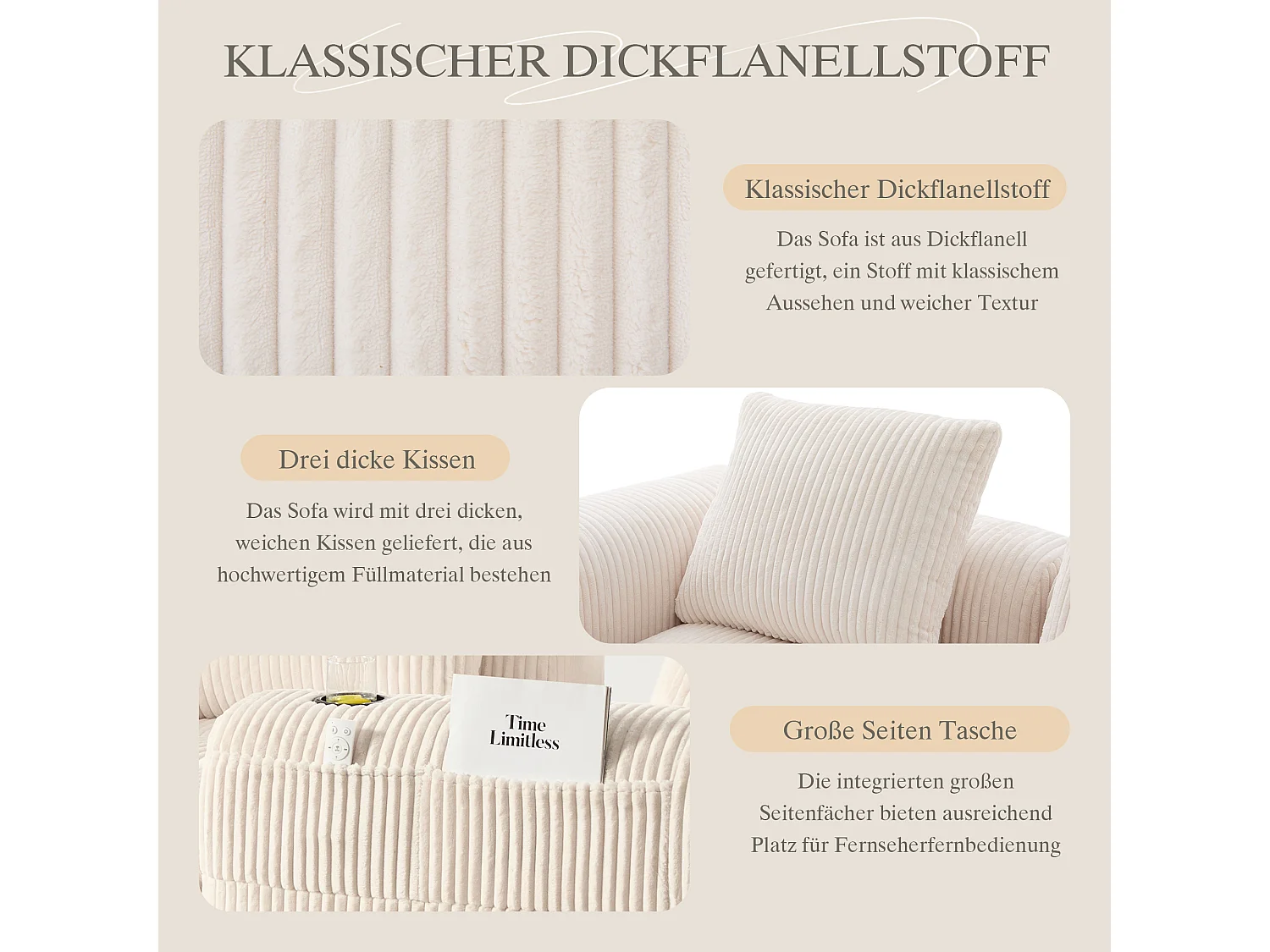 Canapé modulable 4 places - 253 x 158 x 61 - avec poche latérale + porte-gobelet + 3 coussins - velours - beige