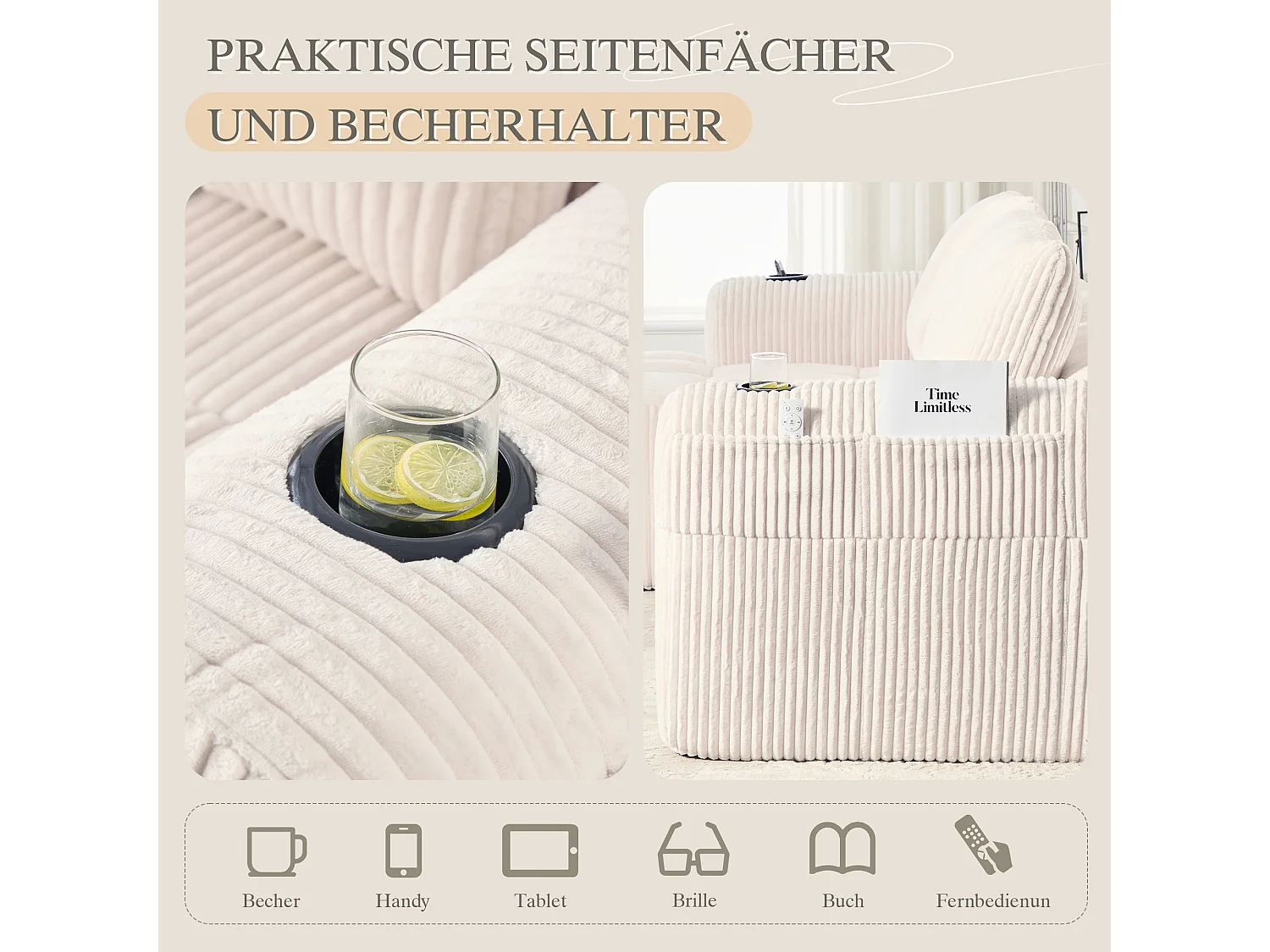 Canapé modulable 4 places - 253 x 158 x 61 - avec poche latérale + porte-gobelet + 3 coussins - velours - beige