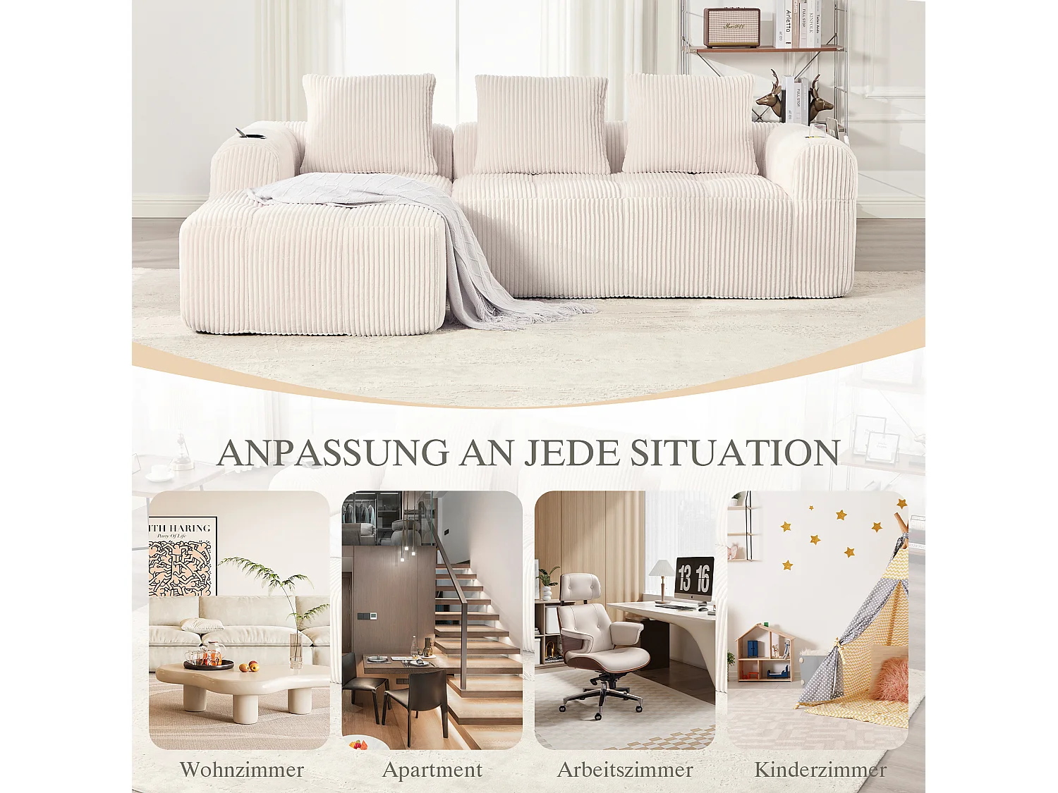 Canapé modulable 4 places - 253 x 158 x 61 - avec poche latérale + porte-gobelet + 3 coussins - velours - beige