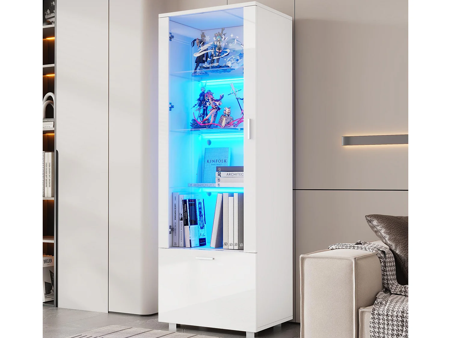 Hochglänzende lackierte Vitrine 50x40x160 cm - mit LED-Beleuchtung - Tür aus Acrylglas+1 Schublade - Glasregalböden - Spanplatten - Weiß