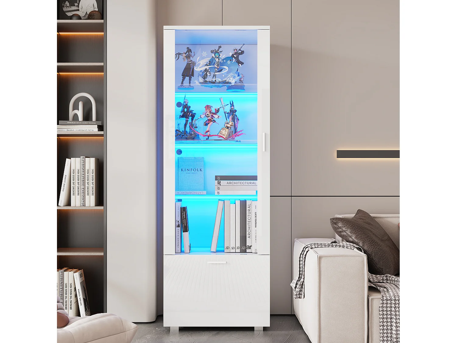 Hochglänzende lackierte Vitrine 50x40x160 cm - mit LED-Beleuchtung - Tür aus Acrylglas+1 Schublade - Glasregalböden - Spanplatten - Weiß