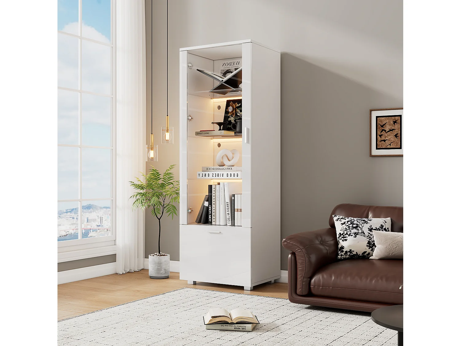 Hochglänzende lackierte Vitrine 50x40x160 cm - mit LED-Beleuchtung - Tür aus Acrylglas+1 Schublade - Glasregalböden - Spanplatten - Weiß