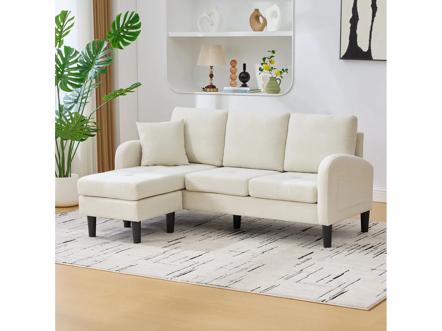 Canapé d'angle avec méridienne - 3 places - tissu en coton et lin - Beige clair