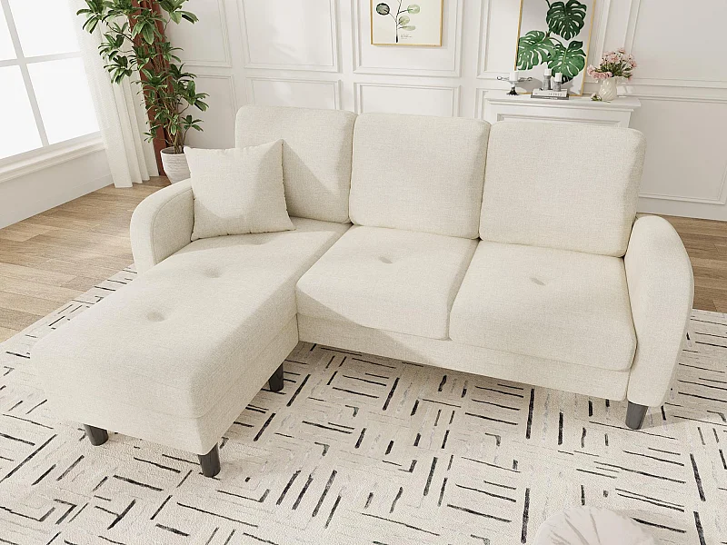 Canapé d'angle avec méridienne - 3 places - tissu en coton et lin - Beige clair