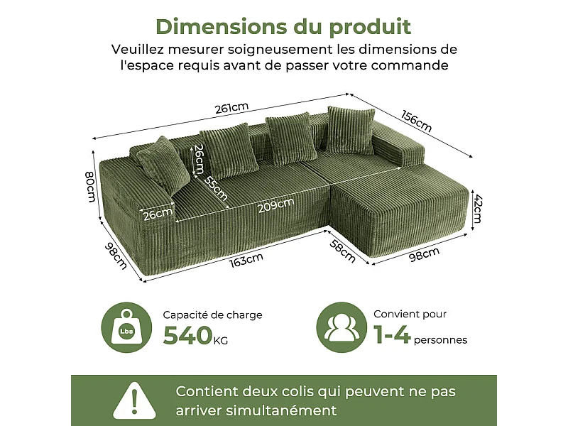 Canapé 3 Places d'angle droite modulable, en Velours côtelé vert, avec 4 Coussins, méridienne et poche latérale, 261x156x80cm