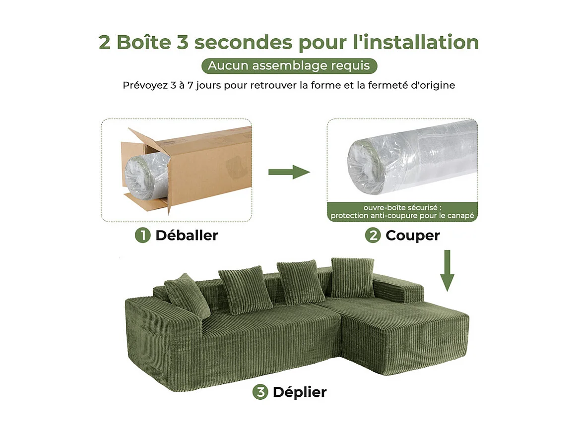 Canapé 3 Places d'angle droite modulable, en Velours côtelé vert, avec 4 Coussins, méridienne et poche latérale, 261x156x80cm