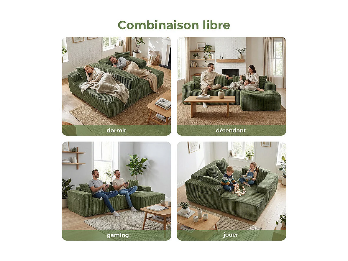 Canapé 3 Places d'angle droite modulable, en Velours côtelé vert, avec 4 Coussins, méridienne et poche latérale, 261x156x80cm