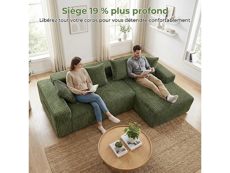 Canapé 3 Places d'angle droite modulable, en Velours côtelé vert, avec 4 Coussins, méridienne et poche latérale, 261x156x80cm