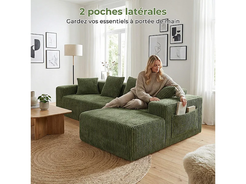 Canapé 3 Places d'angle droite modulable, en Velours côtelé vert, avec 4 Coussins, méridienne et poche latérale, 261x156x80cm