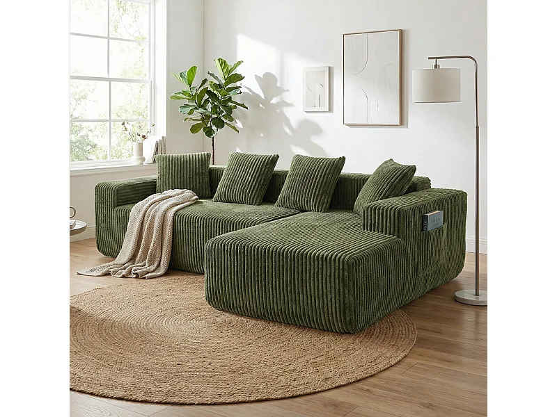 Canapé 3 Places d'angle droite modulable, en Velours côtelé vert, avec 4 Coussins, méridienne et poche latérale, 261x156x80cm