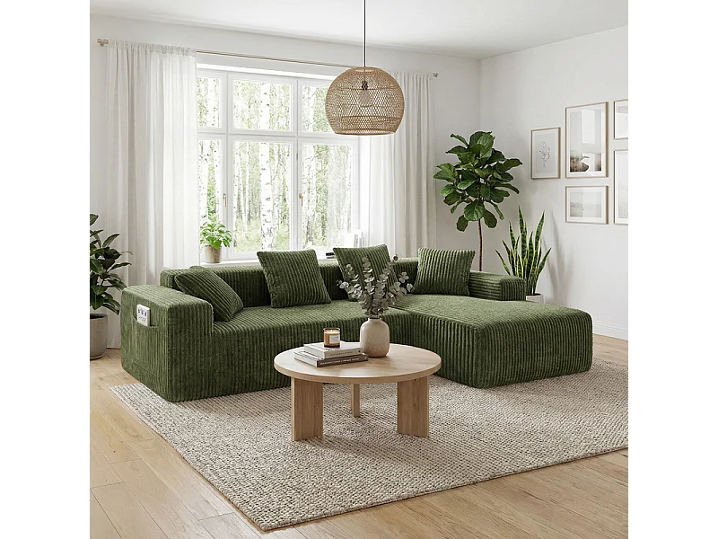 Canapé 3 Places d'angle droite modulable, en Velours côtelé vert, avec 4 Coussins, méridienne et poche latérale, 261x156x80cm
