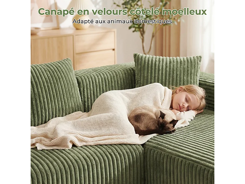 Canapé 3 Places d'angle droite modulable, en Velours côtelé vert, avec 4 Coussins, méridienne et poche latérale, 261x156x80cm