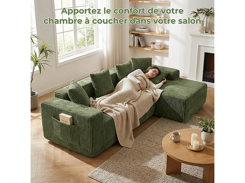 Canapé 3 Places d'angle droite modulable, en Velours côtelé vert, avec 4 Coussins, méridienne et poche latérale, 261x156x80cm