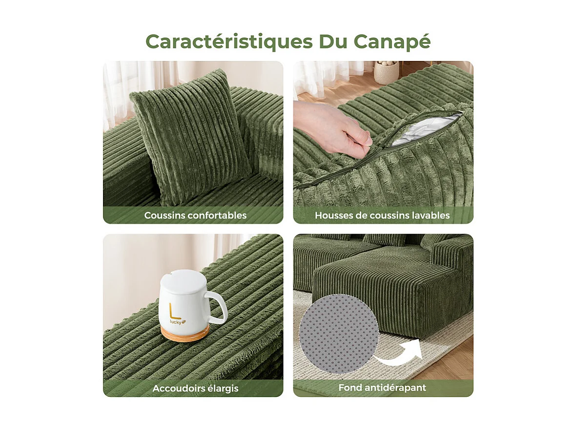 Canapé 3 Places d'angle droite modulable, en Velours côtelé vert, avec 4 Coussins, méridienne et poche latérale, 261x156x80cm