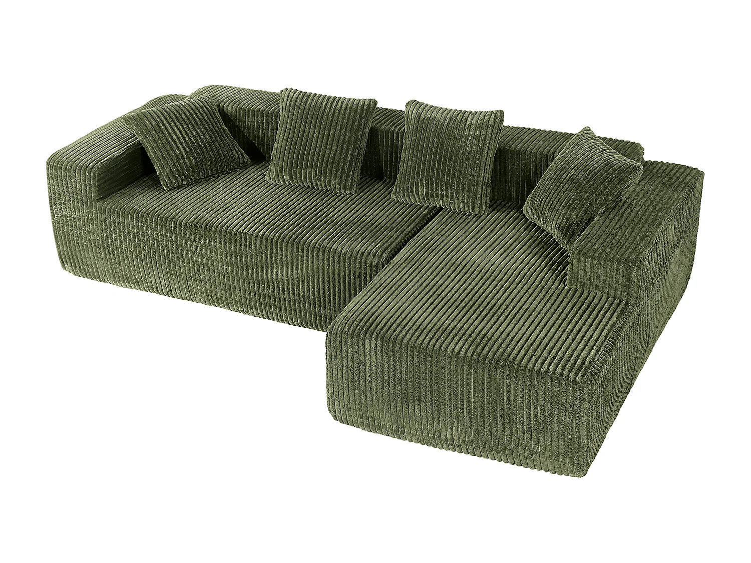 Canapé 3 Places d'angle droite modulable, en Velours côtelé vert, avec 4 Coussins, méridienne et poche latérale, 261x156x80cm