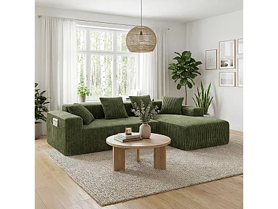 Modulaire Hoekbank Rechts 3-zits, in Ribfluweel groen, met 4 Kussens, chaise longue en zijzak, 261x156x80cm