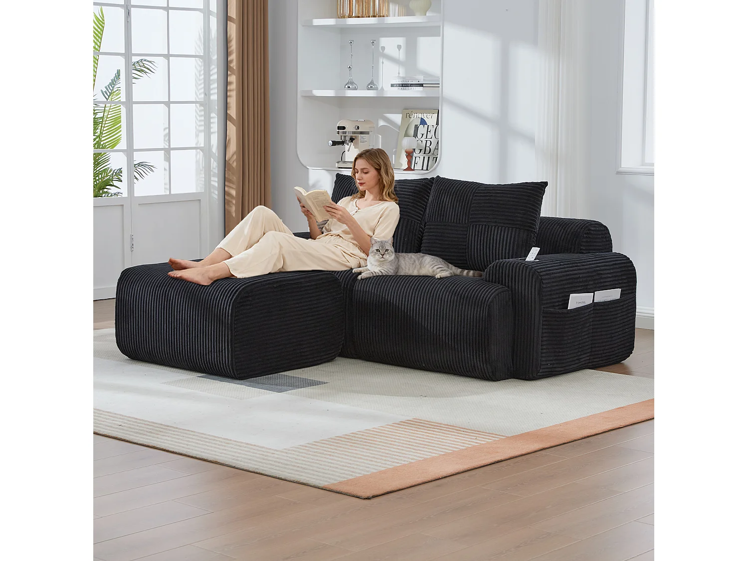 Canapé modulable 2 places - 200 x 174 x 80 cm - avec 1 poufs + porte-gobelets + poche de rangement - velours - noir